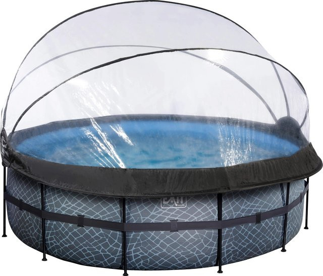 EXIT Toys Stone Pool runder Rahmenpool in Grau inklusive Sandfilterpumpe, Abdeckung und Poolleiter, Durchmesser: 427 cm, Höhe: 122 cm - Bild 1