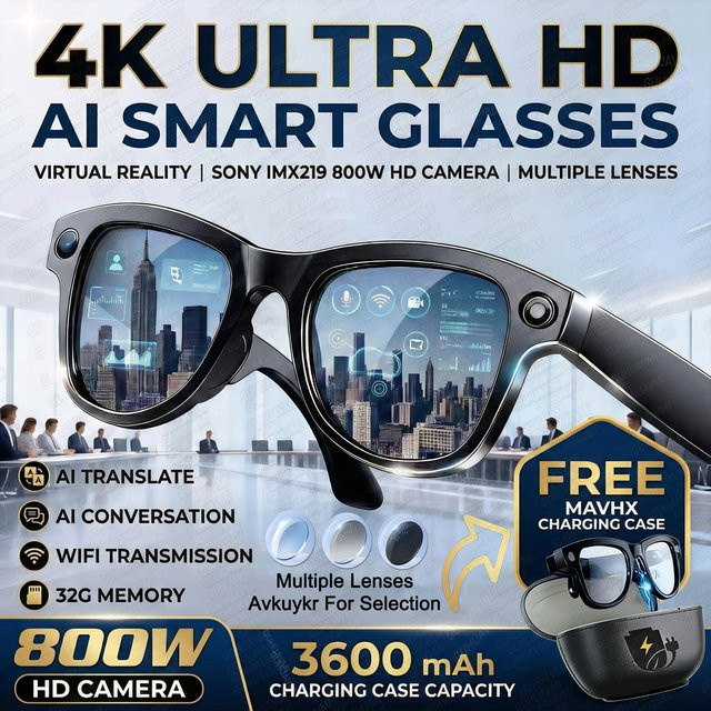 GUHUAVMI Smart-Brille mit 4K-Kamera, 32 GB Speicher und KI-Sprachübersetzung in Schwarz - Bild 1