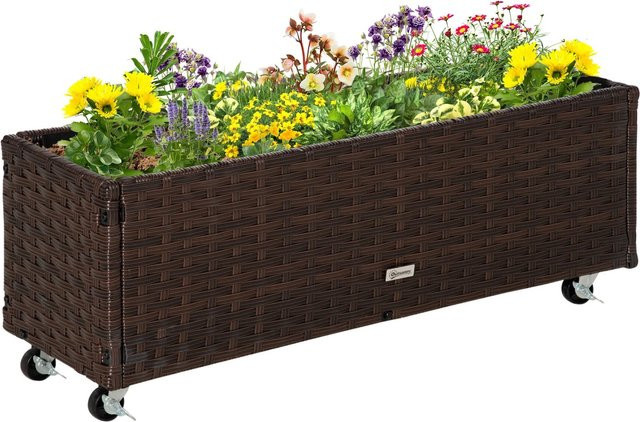 Outsunny Hochbeet aus PE-Rattan und Stahl in Kaffee Braun mit Rollen und Abflusslöchern, B: 31 cm, H: 36 cm, Volumen: 94,5 l - Bild 1