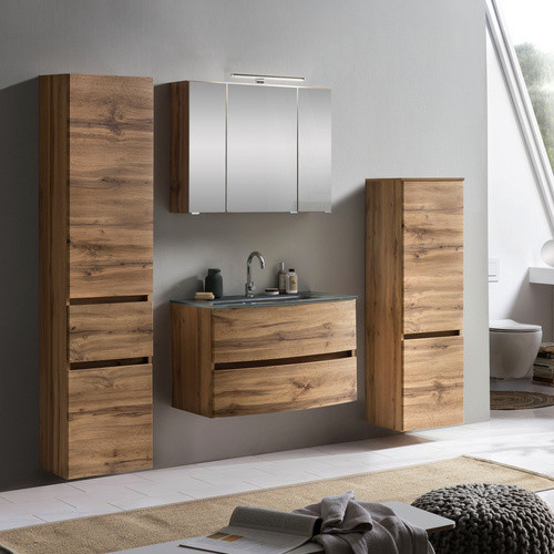 HELD MÖBEL Waschtisch-Set KOPENHAGEN in 7-teiliger Ausführung, modern, braun, Wandmontage mit LED-Beleuchtung und Soft-Close-Türen, B/T/H: 180 x 40 x 35 cm - Bild 3