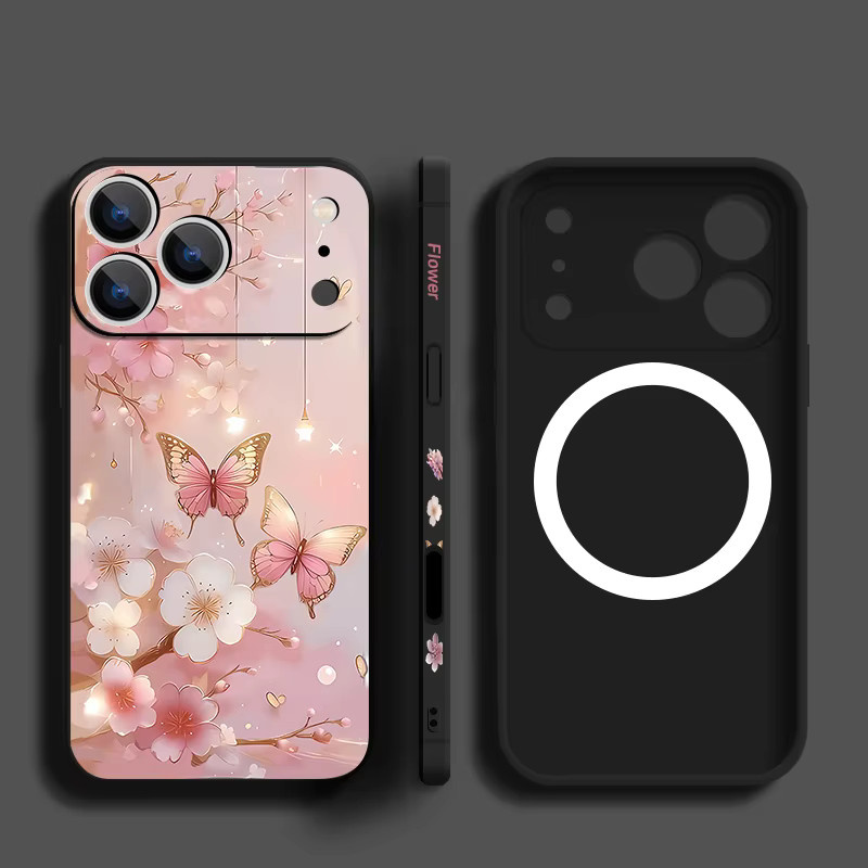 YISHANGOU Handyhülle mit Schmetterlingsmuster für iPhone 11 bis iPhone 17 Pro Max, magnetisch für MagSafe, inklusive Lanyard, Farbe: Pink/Lila - Bild 2