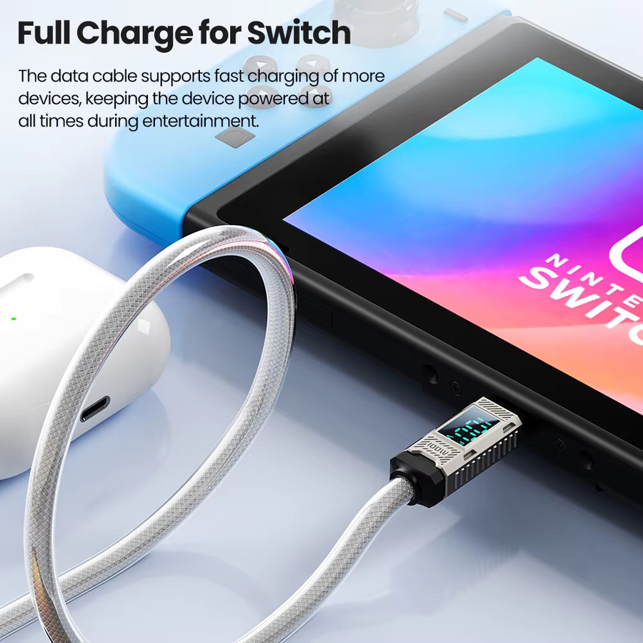 Toocki USB-C auf USB-C Datenkabel mit Display, 100W Schnellladekabel aus Zinklegierung in Weiß - Bild 6