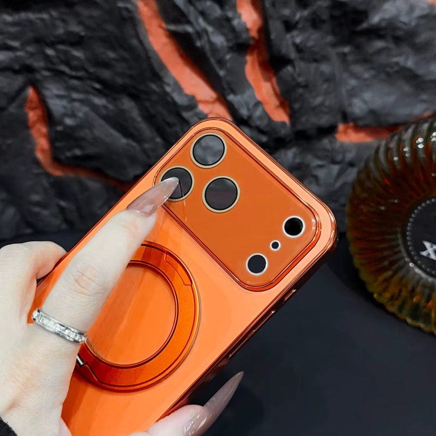 Magnetische Handyhülle mit Ring-Drehständer und Objektivschutzfolie für iPhone 17 16 15 14 13 12 Pro Max, Farbe: Orange, MagSafe kompatibel - Bild 3