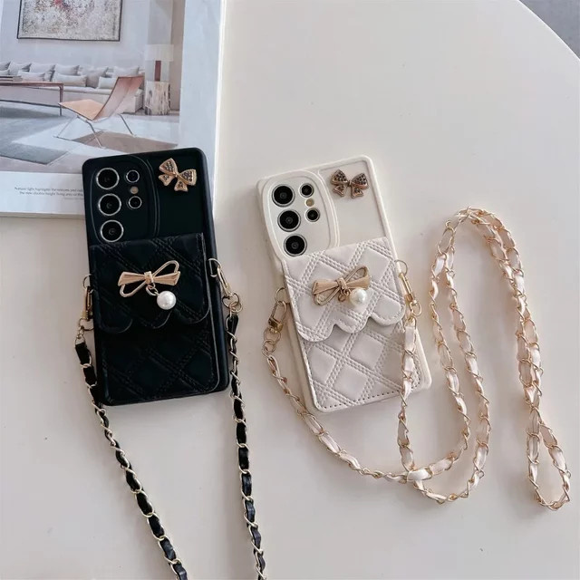 Samsung Crossbody Handyhülle mit 3D Schleifenknoten und Kartenhalter Brieftasche in Weiß für verschiedene Galaxy Modelle - Bild 1