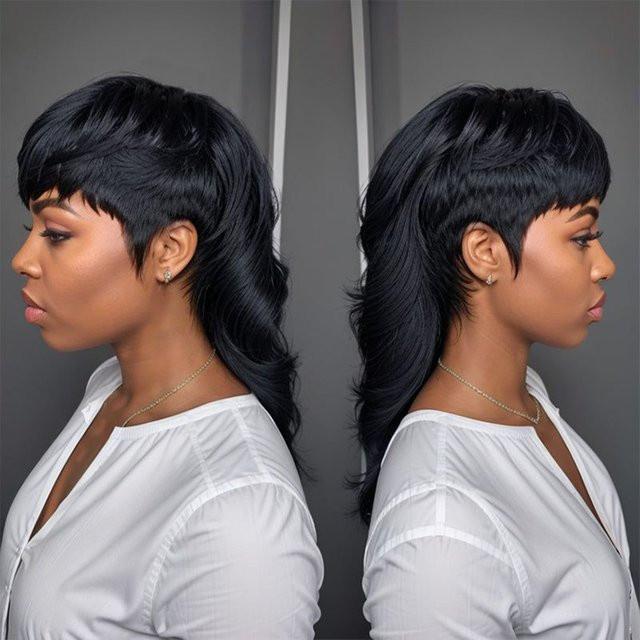 OYM HAIR Echthaarperücke, Pixie-Schnitt mit Pony, Schwarz/Weiß - Bild 1