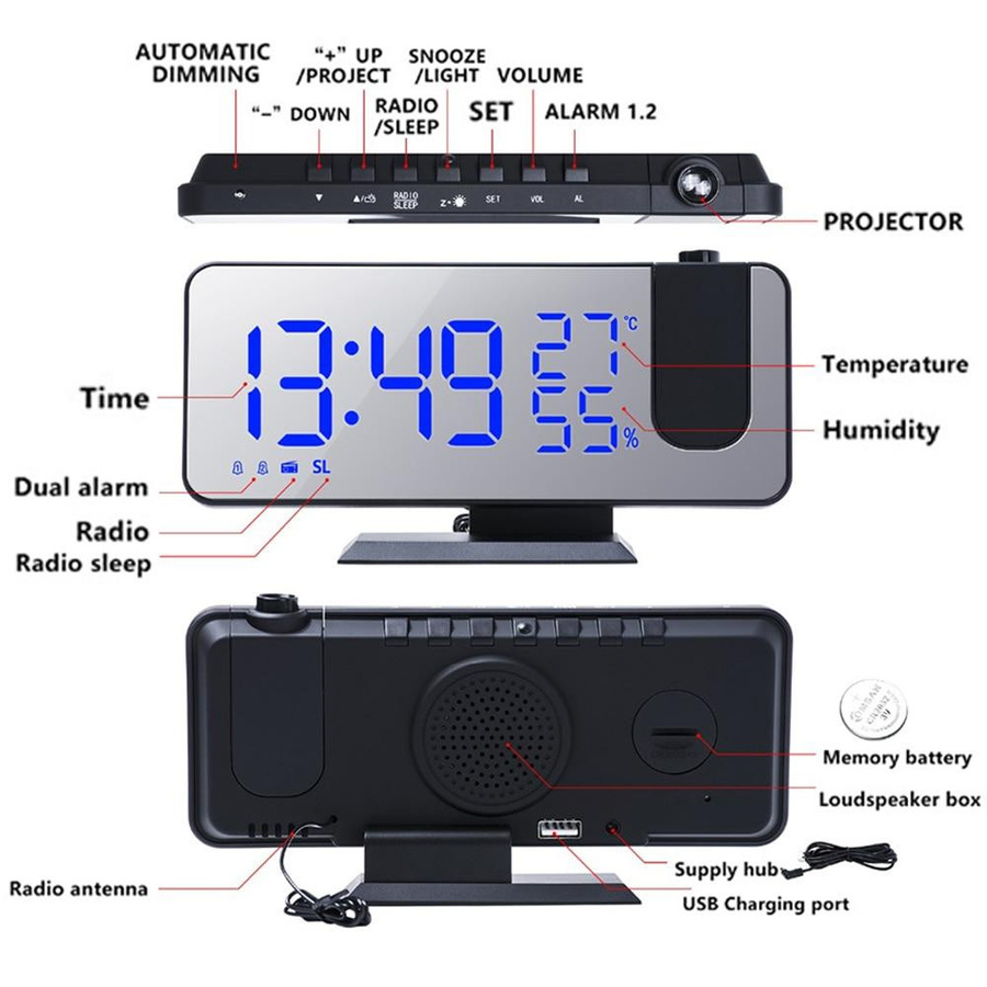 ZCXU LED Digital Projektionswecker mit FM-Radio in Schwarz und Blau - Bild 4