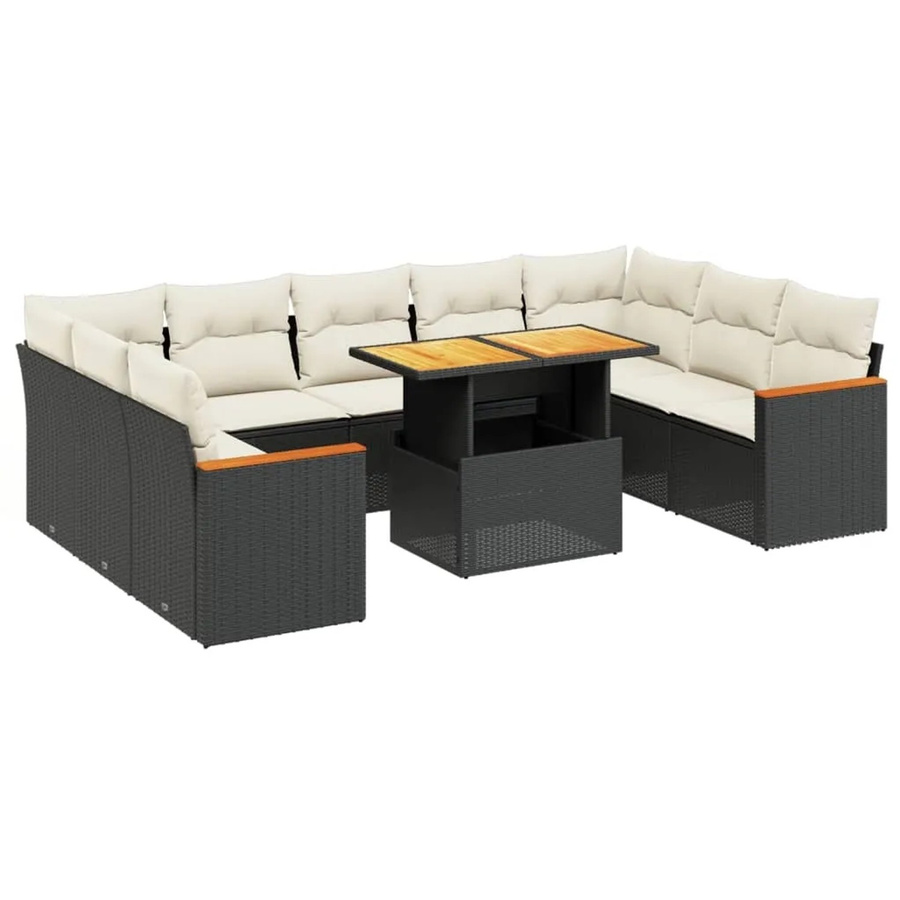 vidaXL 10-tlg. Garten-Sofagarnitur in L-Form aus Polyrattan und Akazienholz mit Kissen, Schwarz - Bild 2
