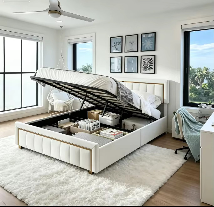 Gepolstertes Doppelbett mit Stauraum und Kopfteil in Rosahqnda, Samt, B/T: 160 x 200 cm - Bild 3