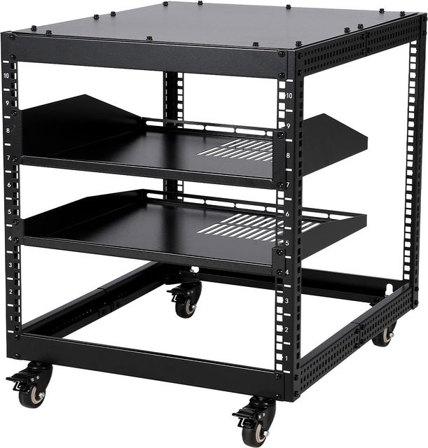 HiMISS 10U Open-Frame-Serverrack in Schwarz, tiefenverstellbar, für 23 Zoll bis 40 Zoll, freistehend oder zur Wandmontage mit 4 feststellbaren Rollen, 2er-Set - Bild 1