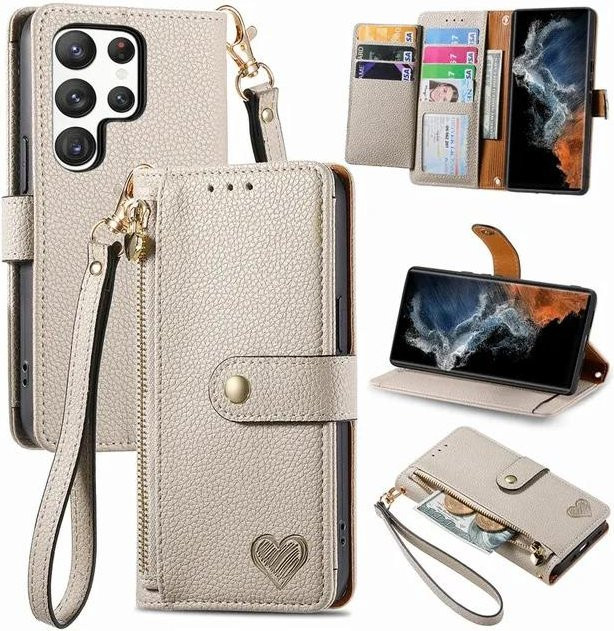 Lederhülle mit Reißverschluss und Geldbörse für Samsung Galaxy S24 S23 S22 S21 FE S20 Plus M54 M14 M53 M33 M13 M52 M32 inklusive Lanyard in Beige - Bild 1