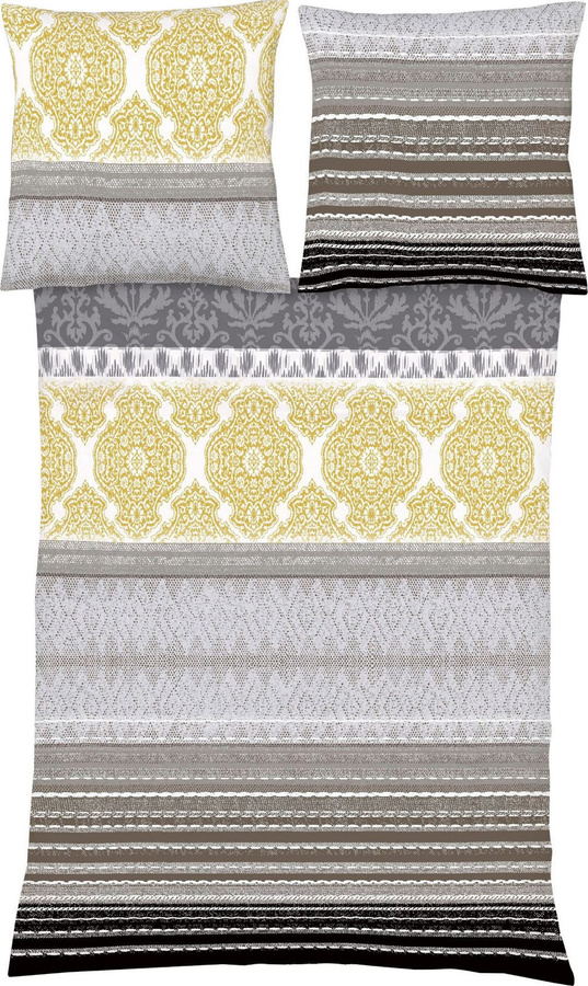 Fleuresse Aspen Biber Bettwäsche mit Ornamenten und Streifen in Grau und Gold, B/H: 155 x 220 cm und 80 x 80 cm - Bild 1