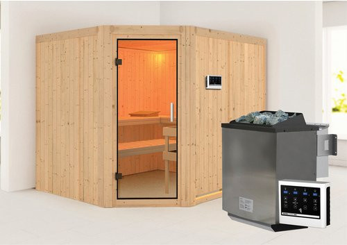 Karibu Bio-Kombi-Sauna Haaspsalu in Beige für 4 Personen mit 9 kW Saunaofen und externer Steuerung, B/T/H: 231 x 196 x 198 cm - Bild 1