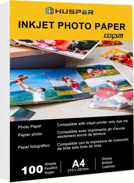 HUSPER Fotopapier A4, 100 Blatt, glänzend weiß, 135 g/m2, für Inkjet-Drucker - Bild 1