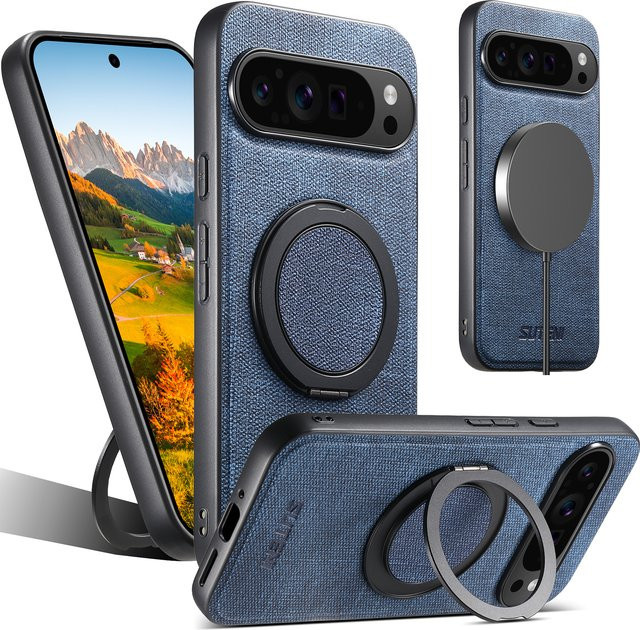 Suteni Kunstleder Handyhülle mit magnetischem kabellosem Laden, 360 Grad drehbarem Ständer und Ringschnalle in Blau für Google Pixel 10 ProXL, 9, 8A, 7 und 6 - Bild 1