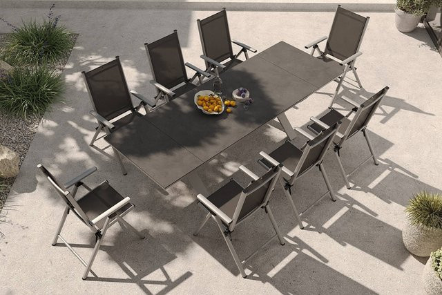 Kettler BasicPlus Pro Garten-Essgruppe aus Aluminium und Textilene in Silber/Anthrazit mit Spraystone-Tischplatte und 8 Klappstühlen, Tisch B: 180-280 cm, B: 100 cm - Bild 1