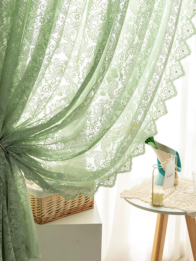 ELKCA Spitzenvorhang Grün Transparent mit floraler Bestickung im Vintage-Stil, Breite: 140 cm, Höhe: 60 cm - Bild 2