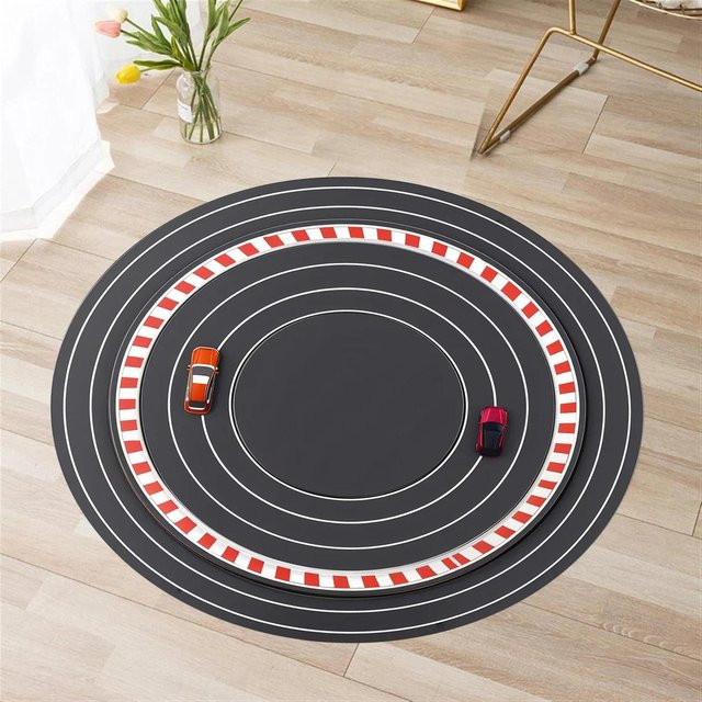 Runder Rennstrecken-Teppich für Kinderzimmer in Weiß und Schwarz von Useful Home, Durchmesser: 60 cm - Bild 1