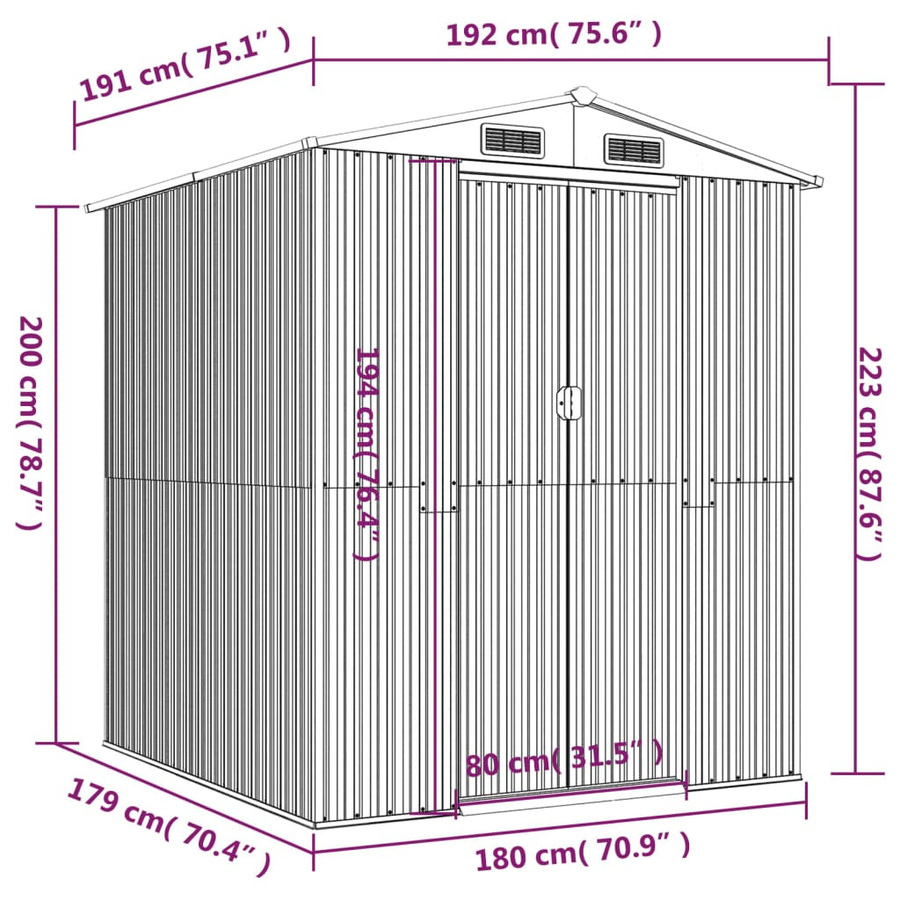 vidaXL Geräteschuppen aus verzinktem Stahl in Grün mit doppelten Schiebetüren, B/T/H: 192 x 191 x 223 cm - Bild 4