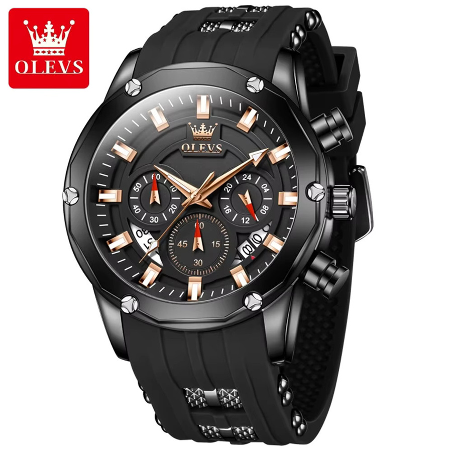 OLEVS Armbanduhr Chronograph, Quarz, Silikonarmband, Herren, Schwarz - Bild 7