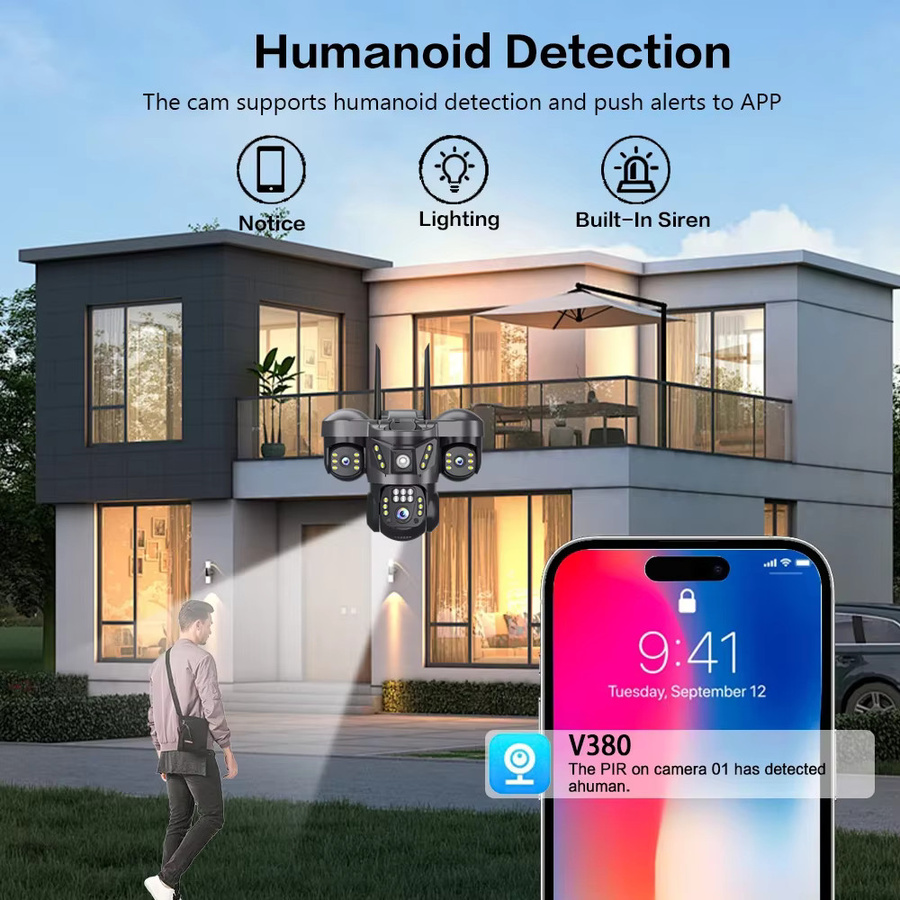 V380 4G SIM Überwachungskamera für den Außenbereich mit drei Objektiven, 15 MP, IP-Kamera mit automatischer Verfolgung, Nachtsicht, Vollfarb-Nachtsicht und Bewegungserkennung, wasserdicht, Farbe: Schwarz - Bild 5