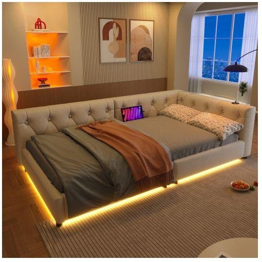 MUVOE Schlafsofa und Tagesbett in Beige mit USB- und Typ-C-Anschluss sowie Unterbettbeleuchtung, Breite: 90 cm, Länge: 200 cm - Bild 1