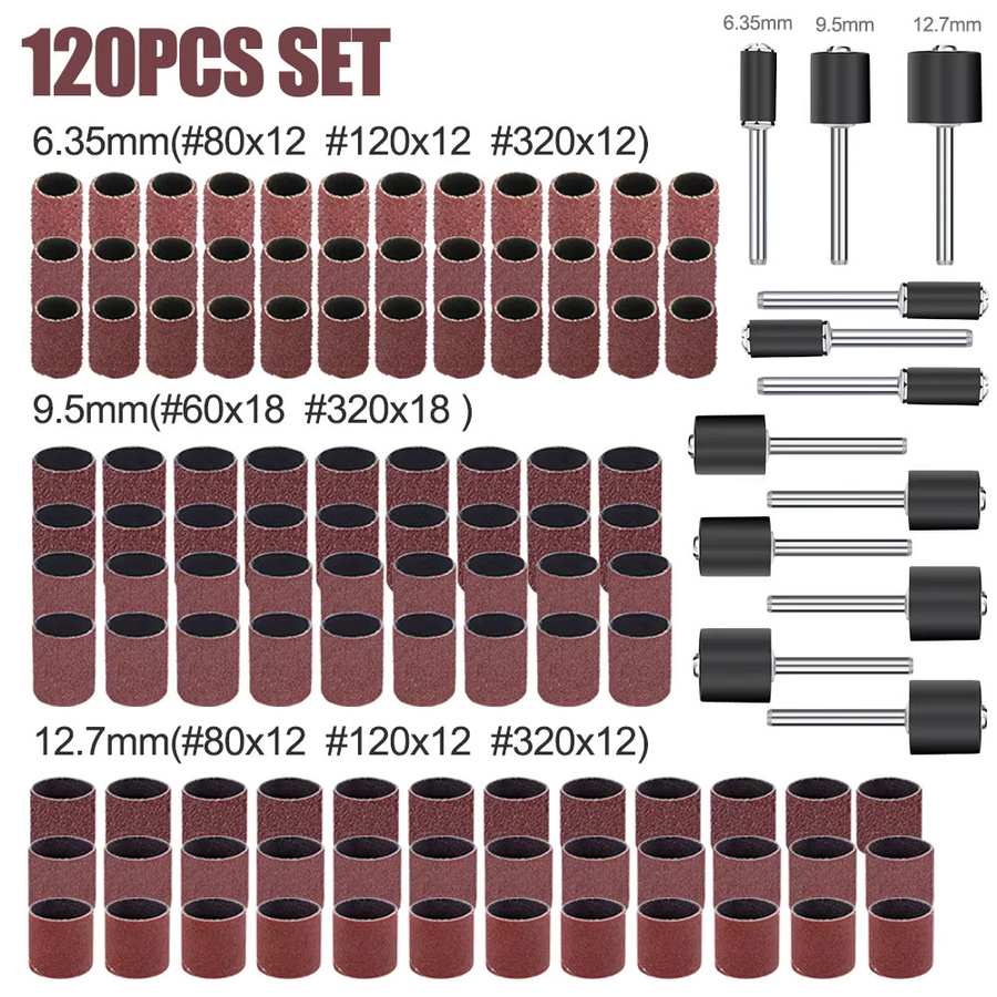 XCAN 120-teiliges Schleiftrommelset mit Schleifbändern und Sanddornen für Dremel-Rotationswerkzeuge, Körnungen 60, 80, 120 und 320 - Bild 2