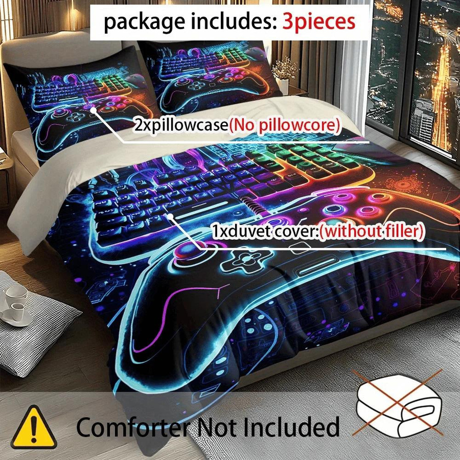 3-teiliges Quilt-Set Practical Home Decor mit Neon Game Controller Print in Multicolour, bestehend aus 1 Bettbezug und 2 Kissenbezügen, B/H: 135 x 200 cm - Bild 1