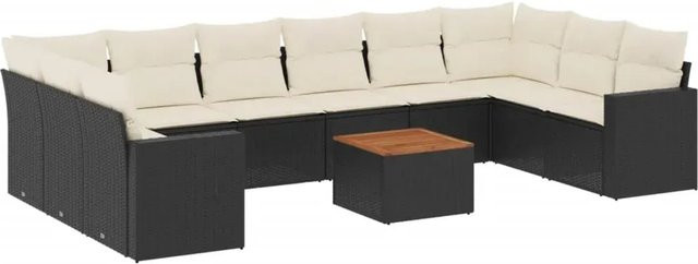 vidaXL 11-tlg. Garten-Sofagarnitur in L-Form aus Polyrattan und Akazienholz mit Kissen in Schwarz-Creme - Bild 1