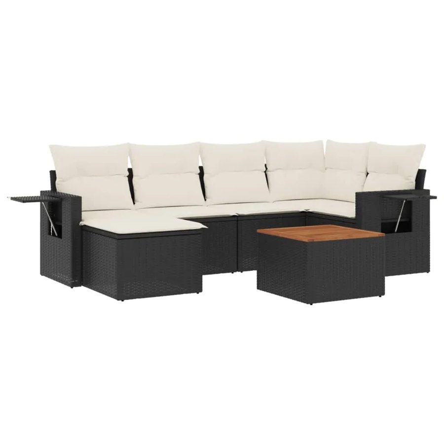 vidaXL 7-teilige Garten-Sofagarnitur aus Poly-Rattan und Akazienholz mit Kissen in Schwarz-Creme - Bild 2