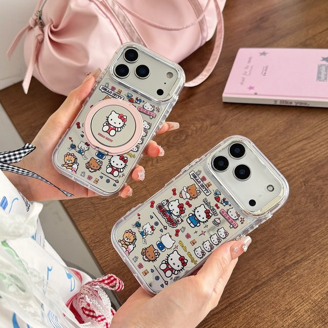 Sanrio Hello Kitty Handyhülle mit 360 Grad drehbarem Make-up-Spiegel und Ringhalterung für iPhone 17 16 15 14 13 Pro Max - Bild 1