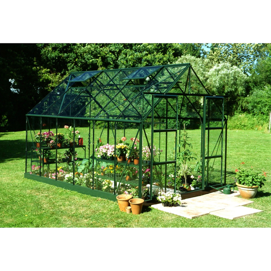 Halls Gewächshaus Magnum Set 128 in Grün mit Fundamentrahmen, Sicherheitsglas und Regenrinnen für deine Pflanzenzucht im Garten - Bild 2