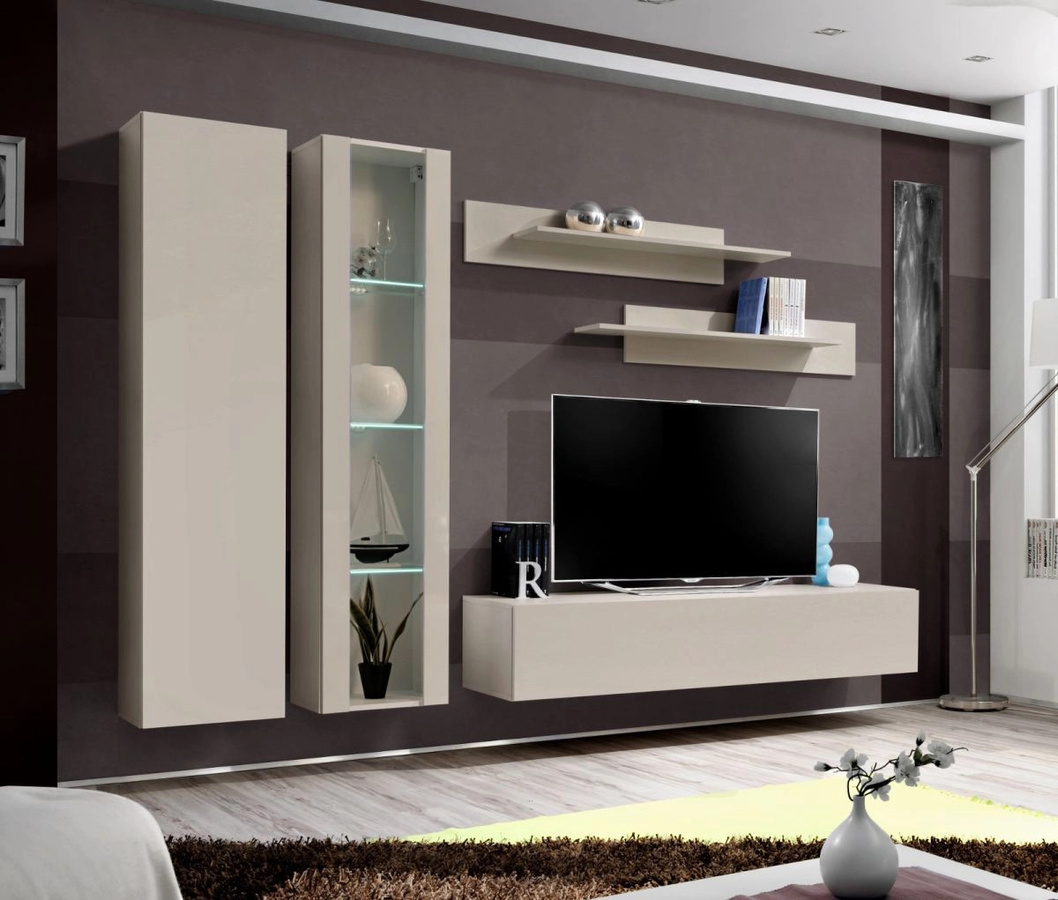 Wohnwand Option 5-teilig in Kaschmir Beige mit LED und Glaselementen, Breite: 260 cm - Bild 2