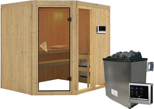 Karibu Sauna Paide 2 aus Fichtenholz mit 9 kW Saunaofen und externer Steuerung für 3 Personen, Farbe: beige, B/T/H: 170 x 198 x 196 cm - Bild 1