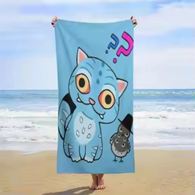 Blaues Mikrofaser-Strandtuch von Potdemiel mit Cartoon-Katze und Vogel, sandfrei und schnell trocknend - Bild 1