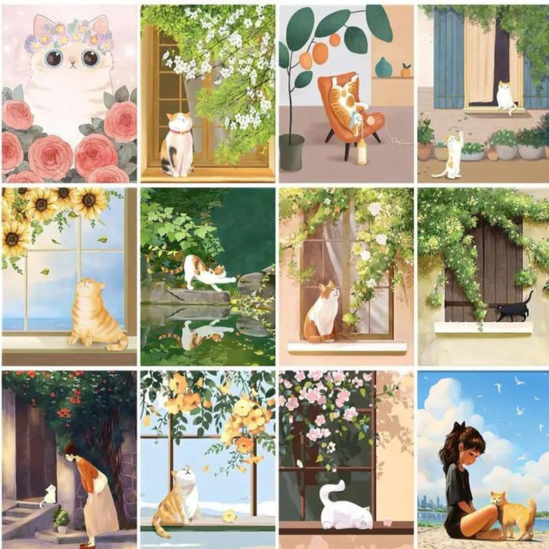 PhotoCustom Malen nach Zahlen Set mit Katzen-Motiv auf Leinwand, mehrfarbig, Hochformat - Bild 1