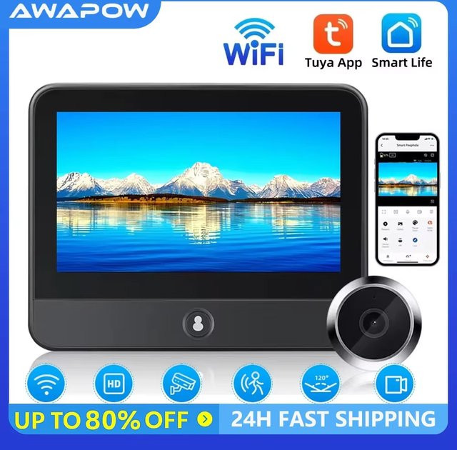 Awapow Tuya Drahtlose Radar Türklingel mit Wifi, Türspion Kamera mit 1080P Nachtsicht, PIR Bewegungserkennung und 4,3 Zoll Display in Schwarz - Bild 1