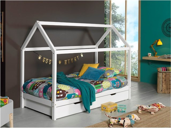 Vipack Dallas 2 Hausbett aus massiver Kiefer mit Bettschublade, Weiß, Liegefläche: 90 x 200 cm