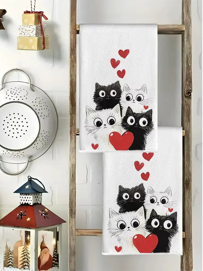 Saugfähiges Küchenhandtuch mit Herz-Katzen-Motiv in Schwarz-Weiß, B: 40 cm, H: 60 cm - Bild 6