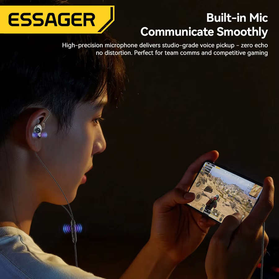 Essager Gaming-Kopfhörer In-Ear mit Mikrofon und Geräuschunterdrückung, USB-C und 3,5-mm-Klinke, Schwarz - Bild 2