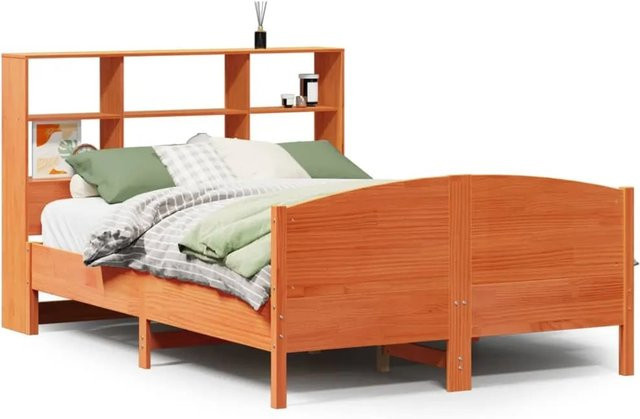 vidaXL Massivholzbett aus Kiefernholz mit Regal in Braun, B/T/H: 135 x 190 x 110 cm - Bild 1
