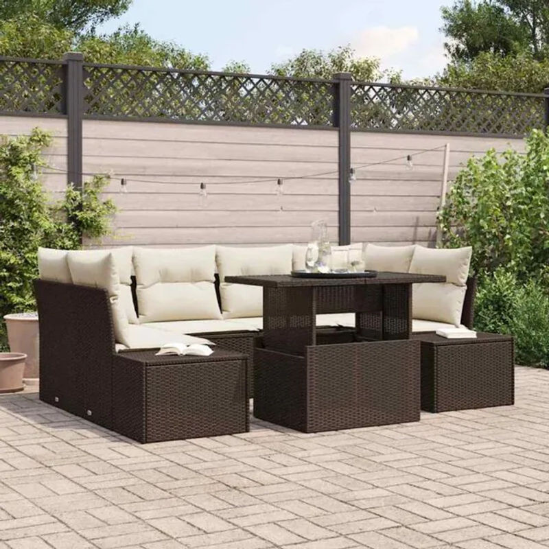 Vidaxl Garten-Sofa-Set aus 7 Teilen in Braun und Beige, modernes Polyrattan Loungemöbel-Set, B/T/H: 100 x 55 x 73 cm - Bild 1