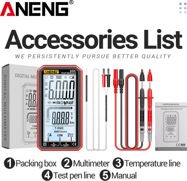 ANENG 620A Digital Multimeter mit 6000 Counts für AC/DC Spannung, Strom bis 10A, Widerstand, Kondensator und Diodenmessung - Bild 1