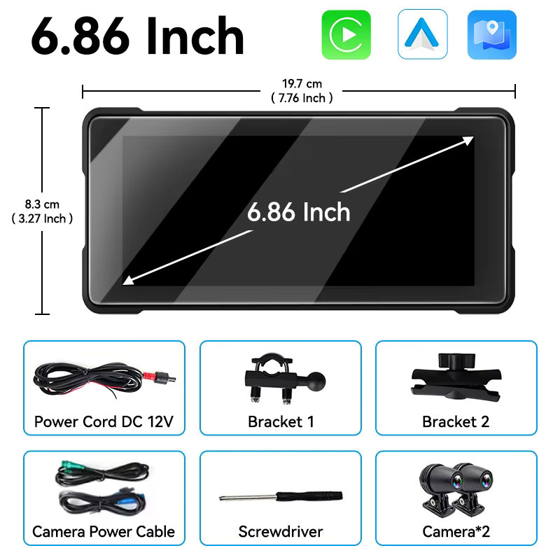 VENBES Motorrad Wireless CarPlay und Android Auto Navigationssystem mit 6,86 Zoll HD-Touchscreen, GPS, Bluetooth, WiFi und Dual Digitaler Videorekorder, Schwarz - Bild 6