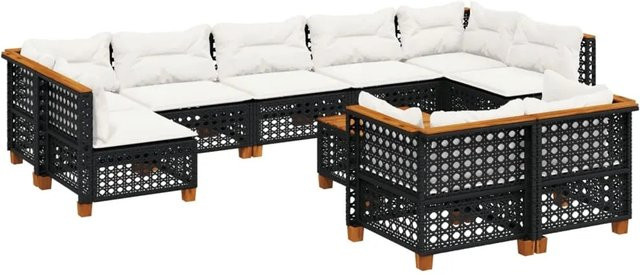 vidaXL 10-teilige Garten-Sofagarnitur mit Kissen aus Poly-Rattan und Akazienholz in Schwarz - Bild 1