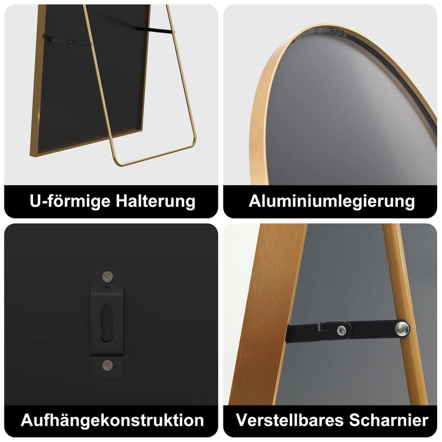 Anajqaqia Moderner Ganzkörperspiegel in Ovalform mit Aluminiumlegierung-Rahmen und gehärtetem Glas, Farbe: Schwarz oder Gold, Höhe: 164 cm, Breite: 54 cm - Bild 3
