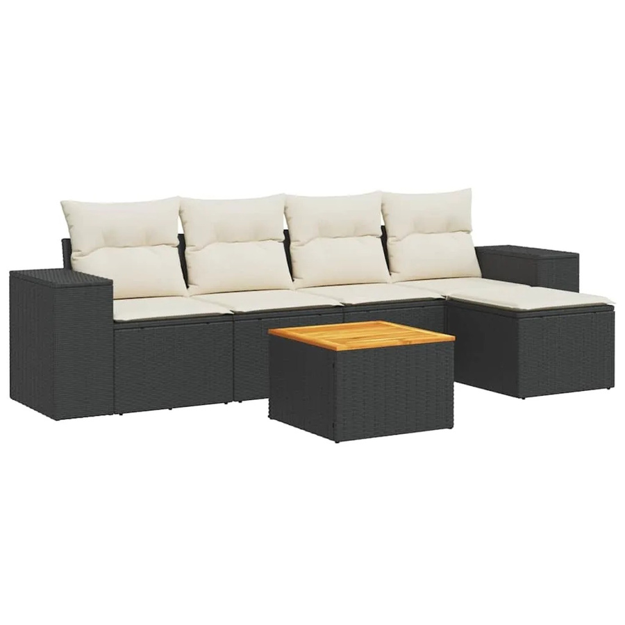 vidaXL 6-teilige Garten-Sofagarnitur aus Poly-Rattan und Akazienholz in Schwarz-Creme mit Kissen - Bild 2