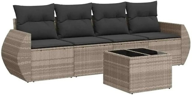 vidaXL 5-teilige Garten-Sofagarnitur aus Polyrattan in Hellgrau mit Tisch und Kissen - Bild 1