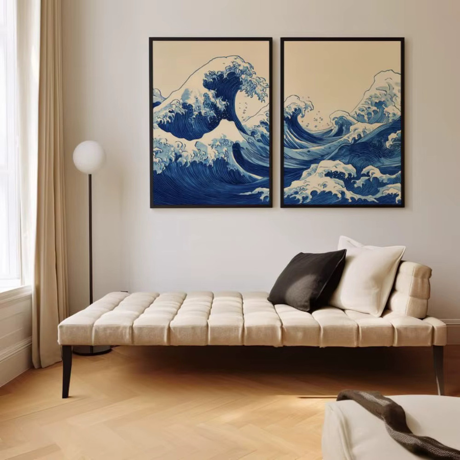 2-teiliges rahmenloses Retro-Wandkunst-Set von HALFLEMART mit japanischen Wellen und blauer Meeresküsten-Dekoration als grafisches Papierposter - Bild 2