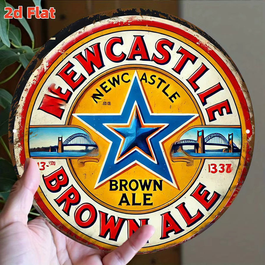 Vintage Newcastle Brown Ale Beer Schild aus Aluminium in Orange, rundes Wandkunst-Dekor mit Sternemblem, Durchmesser: 20 cm - Bild 4