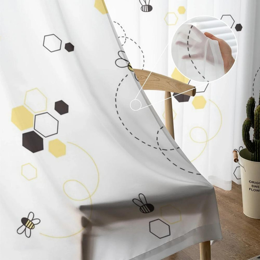 Yiran Furniture Transparentes Tüll-Fensterdekoration mit Bienen-Motiv und Quadratmuster, Organza-Voile-Vorhang mit Ösen, B: 135 cm, H: 115 cm - Bild 1